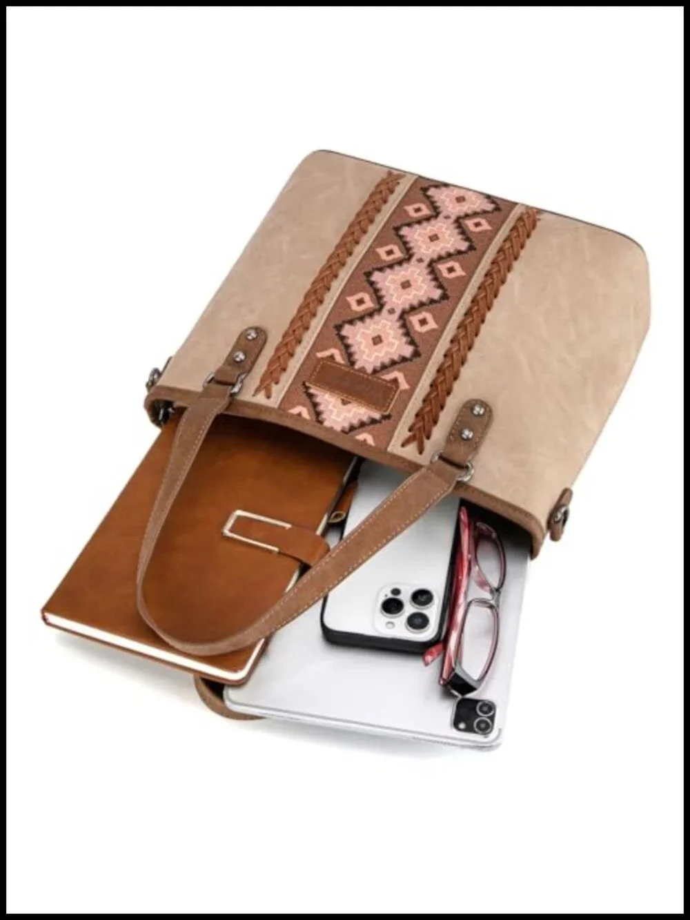 Western Aztec Print Tote Bag with Detachable Crossbody Strap